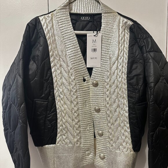 AKIRA WOMEN BOMBER JACKET SIZE M BLACK AND SILVER - Picture 1 of 9